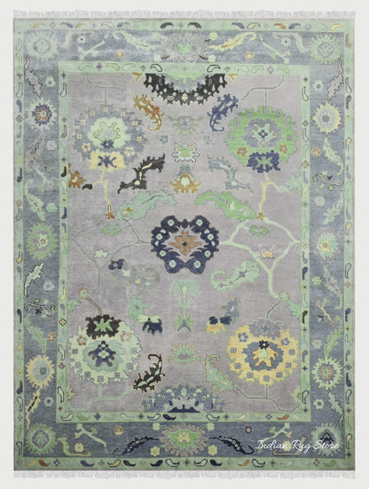 Green Hand Knotted Oushak Bedroom Wool Rug