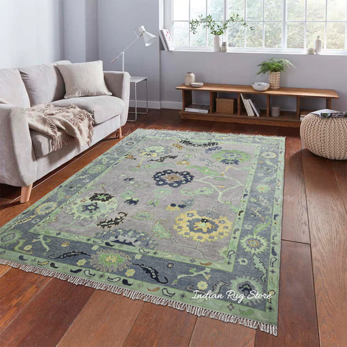 Green Hand Knotted Oushak Bedroom Wool Rug