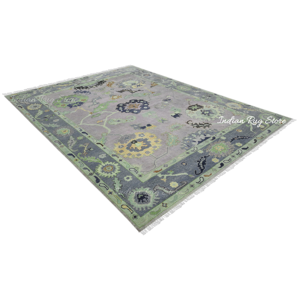 Green Hand Knotted Oushak Bedroom Wool Rug