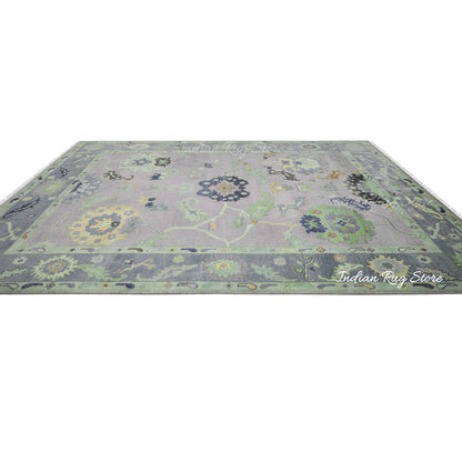 Green Hand Knotted Oushak Bedroom Wool Rug