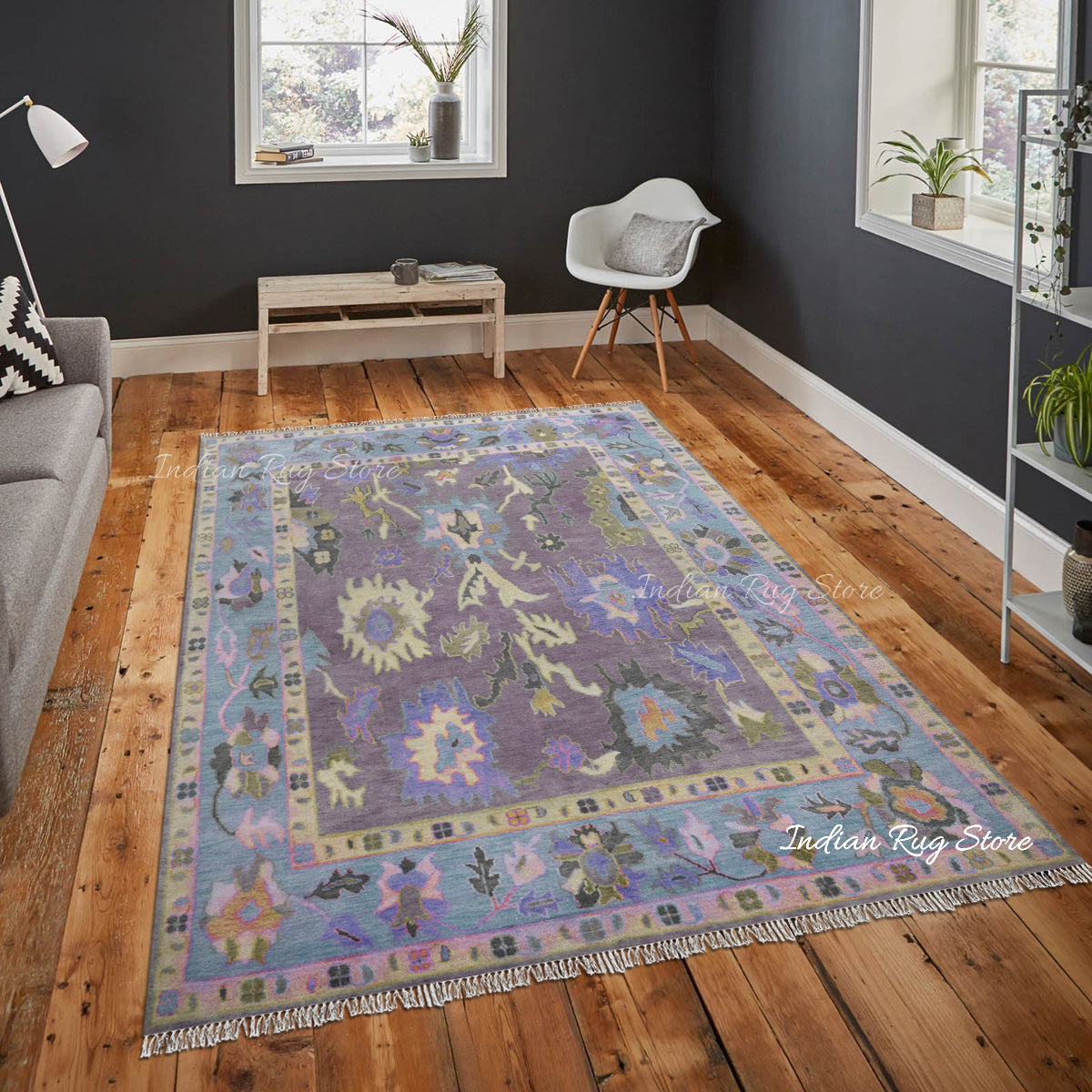 Hand Knotted Purple Modern Oushak Bedroom Wool Rug