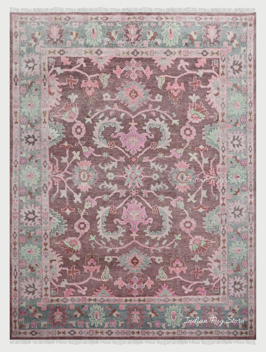 Pink Hand Knotted Modern Oushak Wool Area Rug