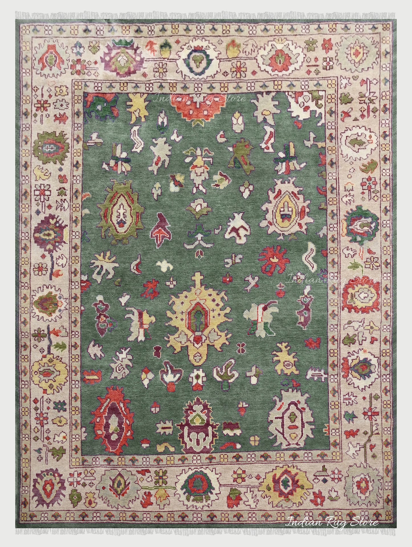 Green Hand Knotted Multicolor Oushak for Bedroom Rug