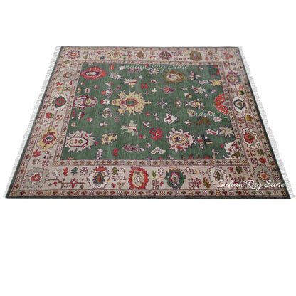 Green Hand Knotted Multicolor Oushak for Bedroom Rug