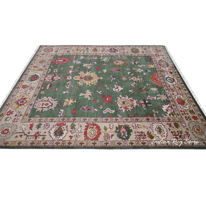 Green Hand Knotted Multicolor Oushak for Bedroom Rug