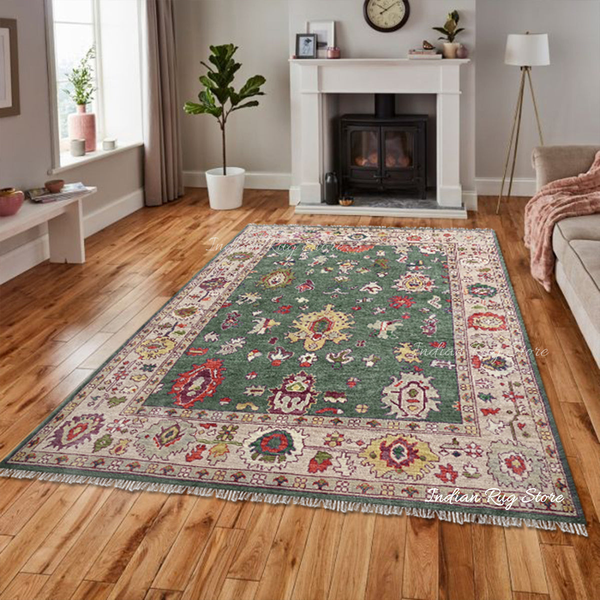 Green Hand Knotted Multicolor Oushak for Bedroom Rug