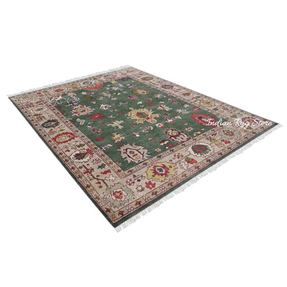 Green Hand Knotted Multicolor Oushak for Bedroom Rug