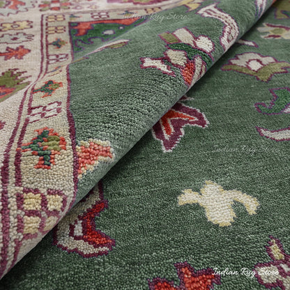 Green Hand Knotted Multicolor Oushak for Bedroom Rug