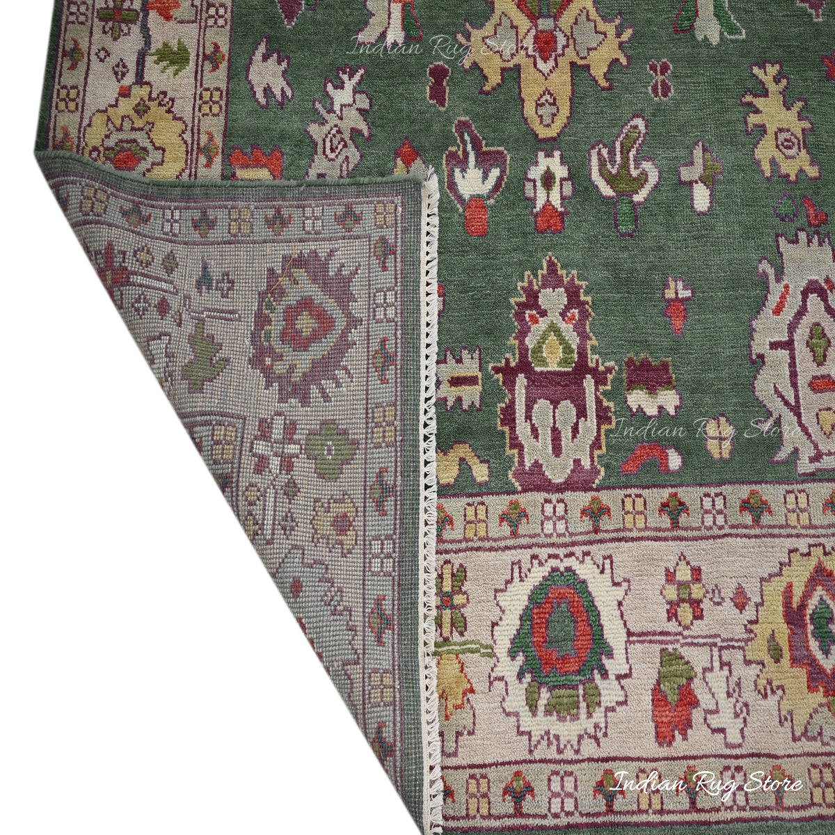 Green Hand Knotted Multicolor Oushak for Bedroom Rug