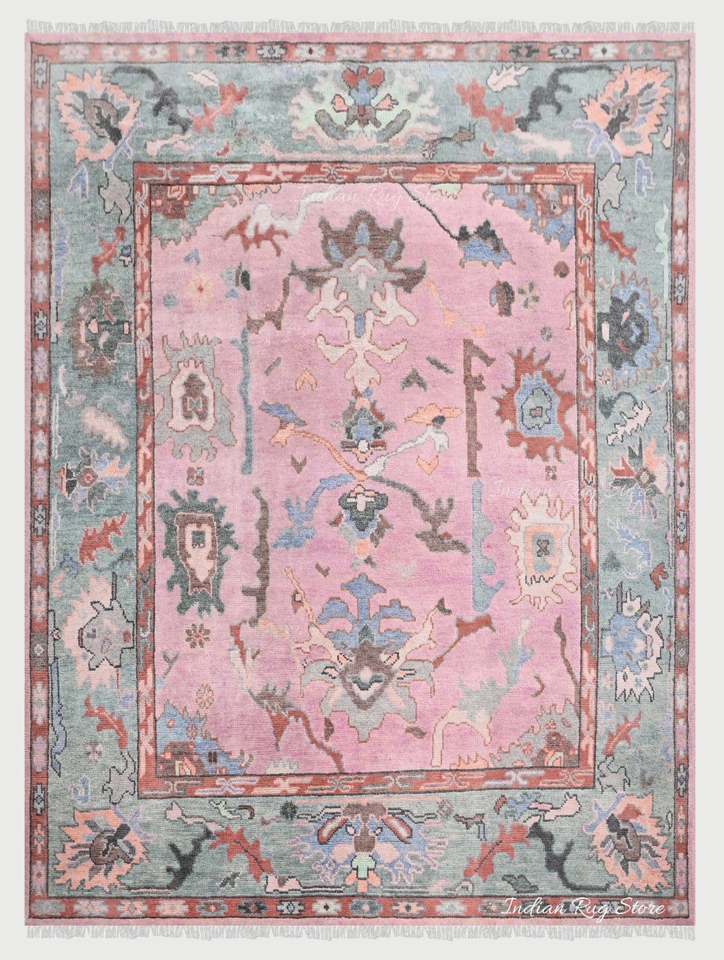 Pink Natural Hand Knotted Oushak Bedroom Wool Rug