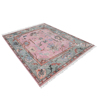 Pink Natural Hand Knotted Oushak Bedroom Wool Rug