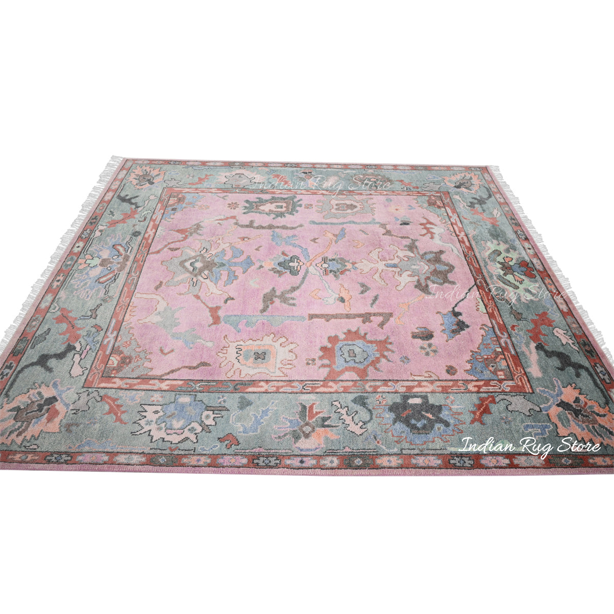 Pink Natural Hand Knotted Oushak Bedroom Wool Rug