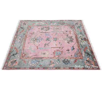 Pink Natural Hand Knotted Oushak Bedroom Wool Rug