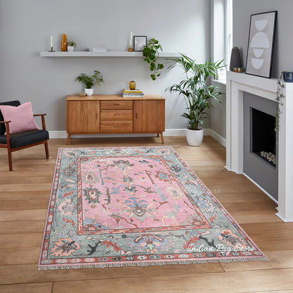 Pink Natural Hand Knotted Oushak Bedroom Wool Rug