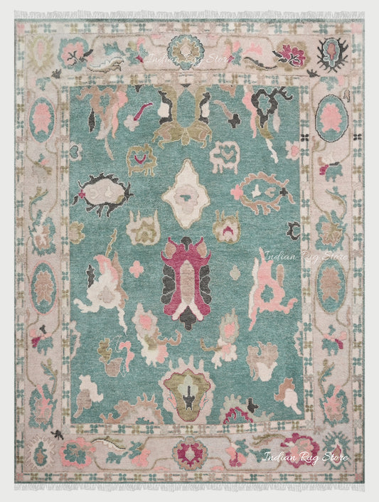 Green Hand Knotted Multicolor Oushak for Bedroom Area Rug