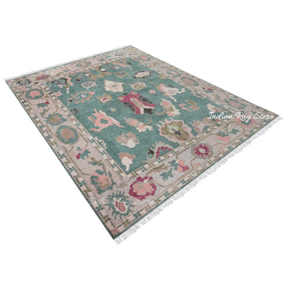 Green Hand Knotted Multicolor Oushak for Bedroom Area Rug