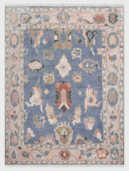 Natural Hand Knotted Blue Oushak for Bedroom Rug