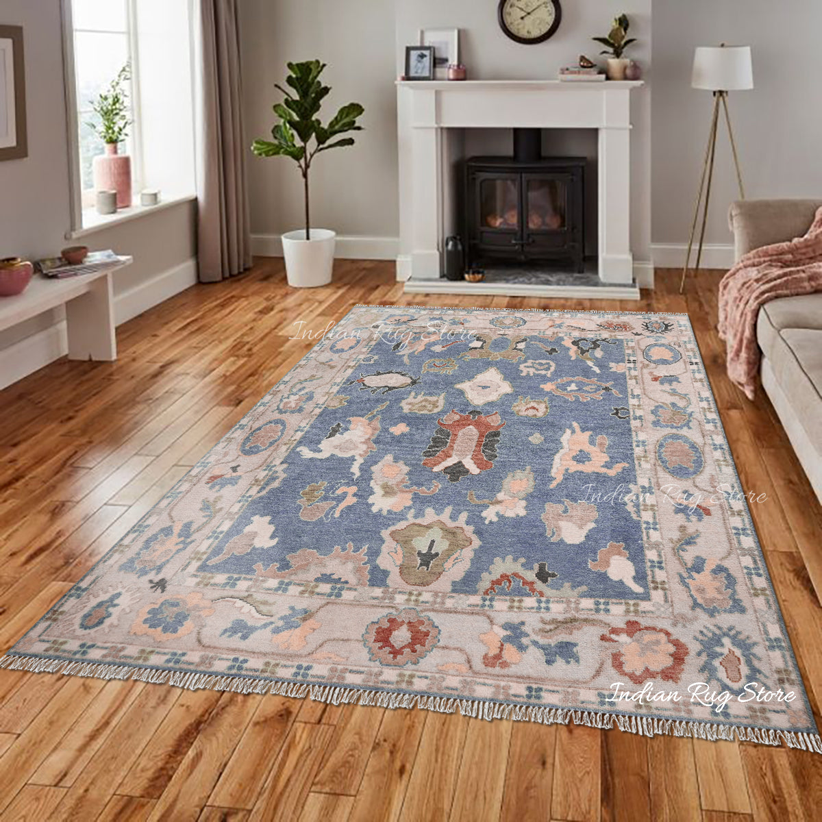 Natural Hand Knotted Blue Oushak for Bedroom Rug