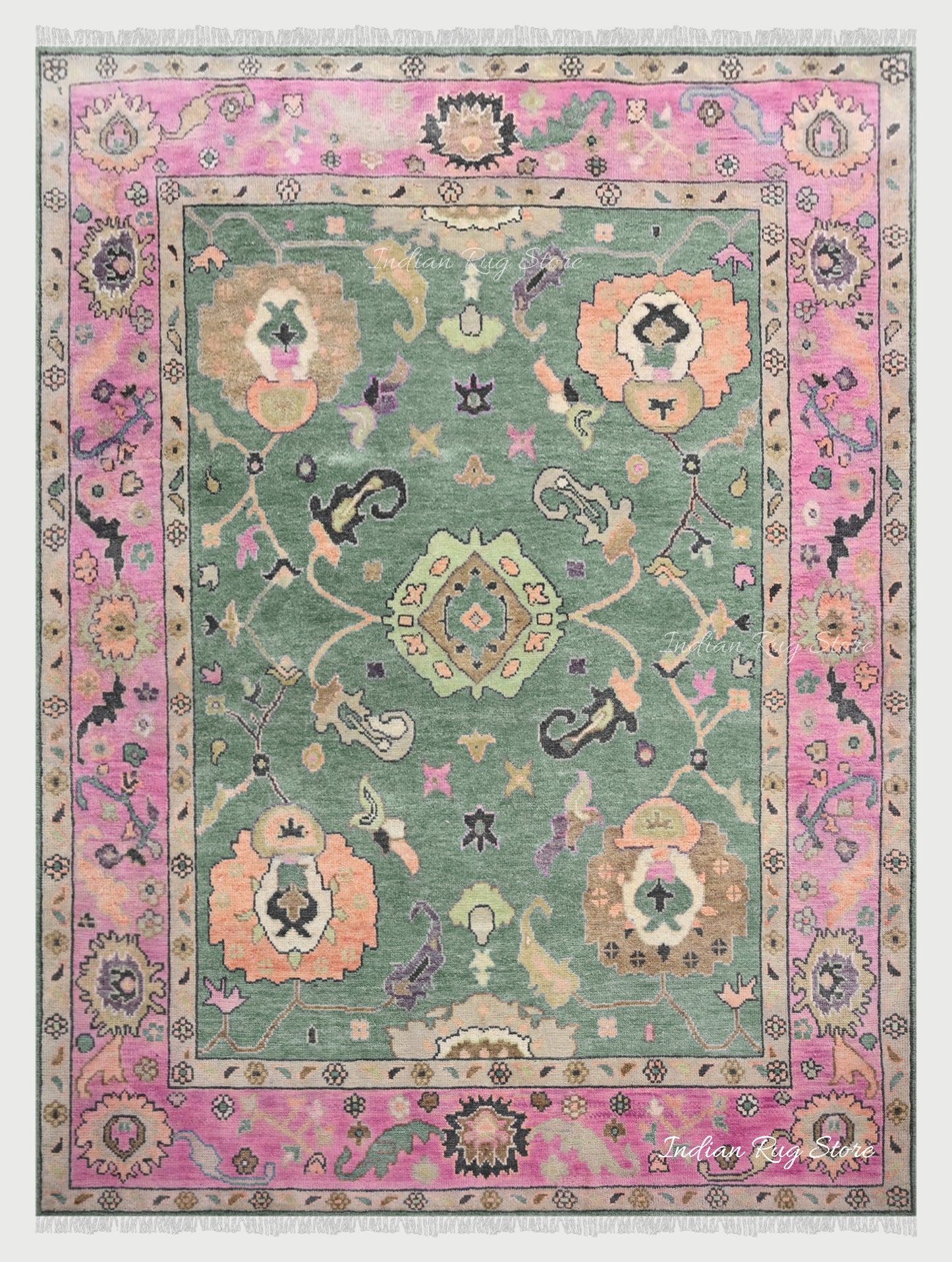 Pink and Green Hand Knotted Modern Oushak Wool Area Rug