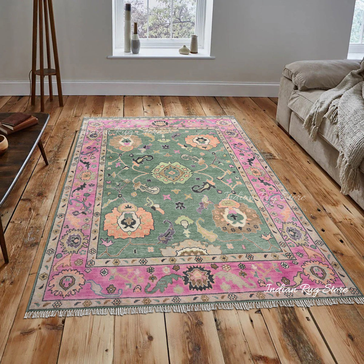 Pink and Green Hand Knotted Modern Oushak Wool Area Rug