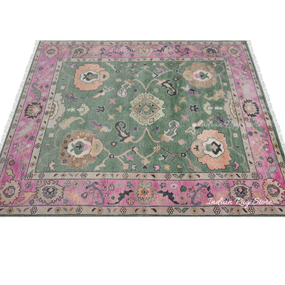 Pink and Green Hand Knotted Modern Oushak Wool Area Rug