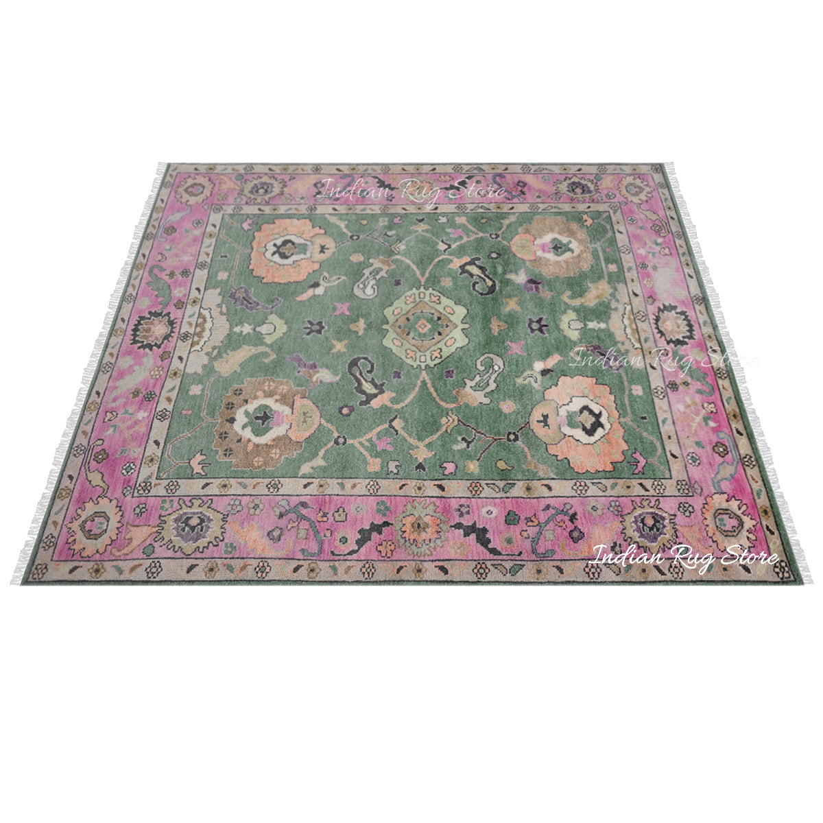 Pink and Green Hand Knotted Modern Oushak Wool Area Rug