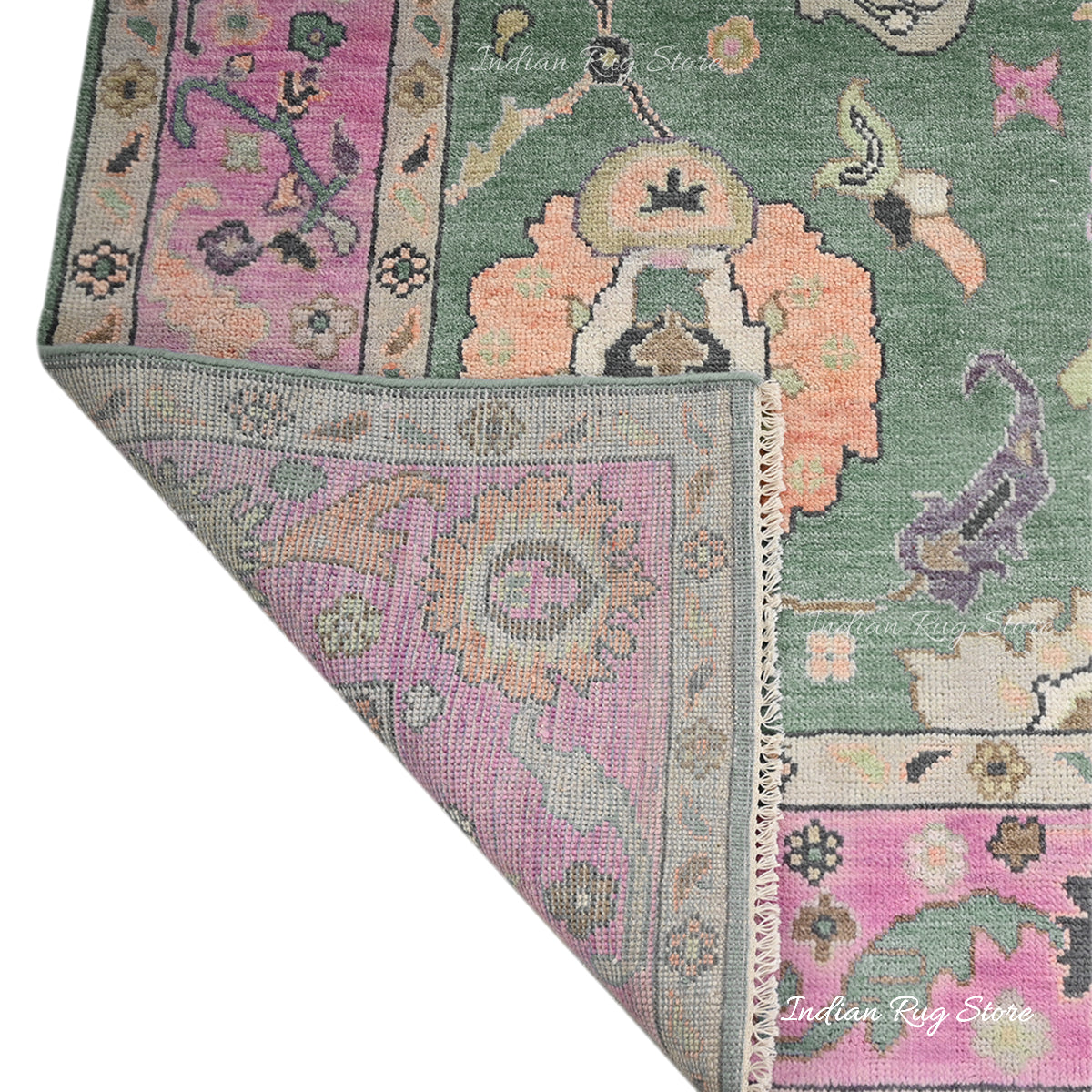 Pink and Green Hand Knotted Modern Oushak Wool Area Rug