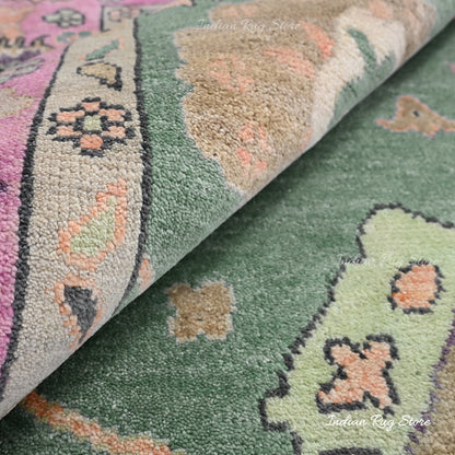 Pink and Green Hand Knotted Modern Oushak Wool Area Rug