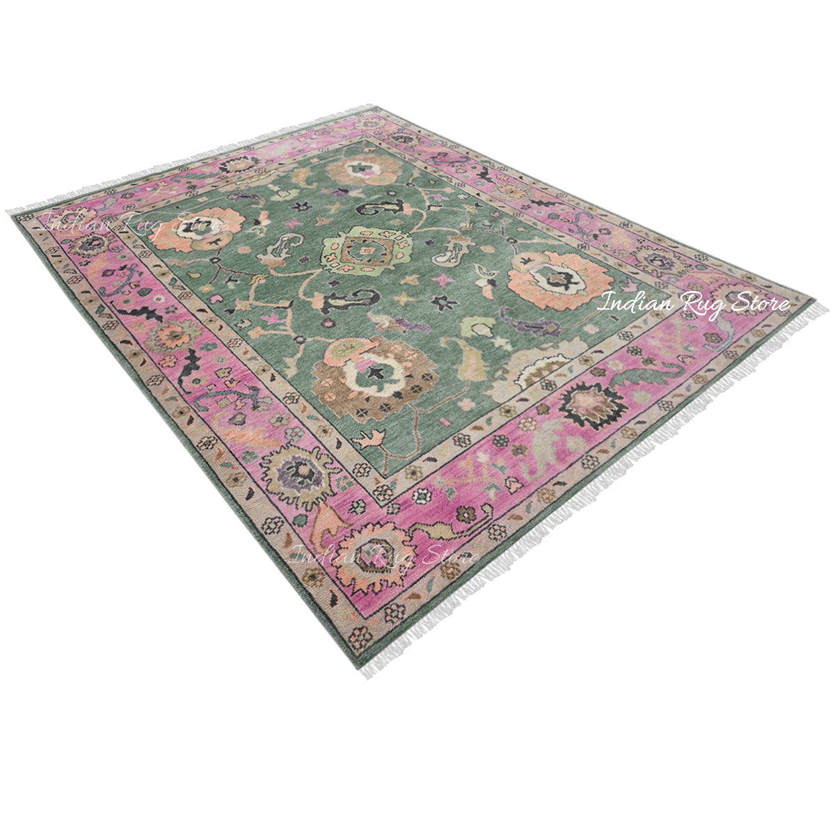 Pink and Green Hand Knotted Modern Oushak Wool Area Rug