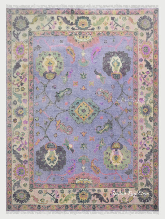 Beautiful Beige and Blue Handmade Oushak Wool Rug