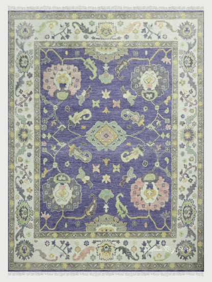 Natural Blue Bedroom Oushak Wool Traditional Rug