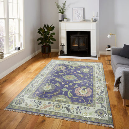 Natural Blue Bedroom Oushak Wool Traditional Rug