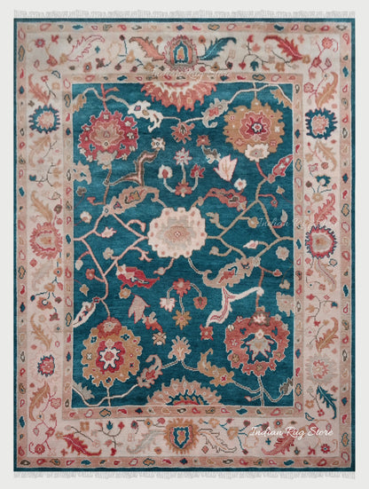 Hand Knotted Blue Oushak Bedroom Wool Area Rug