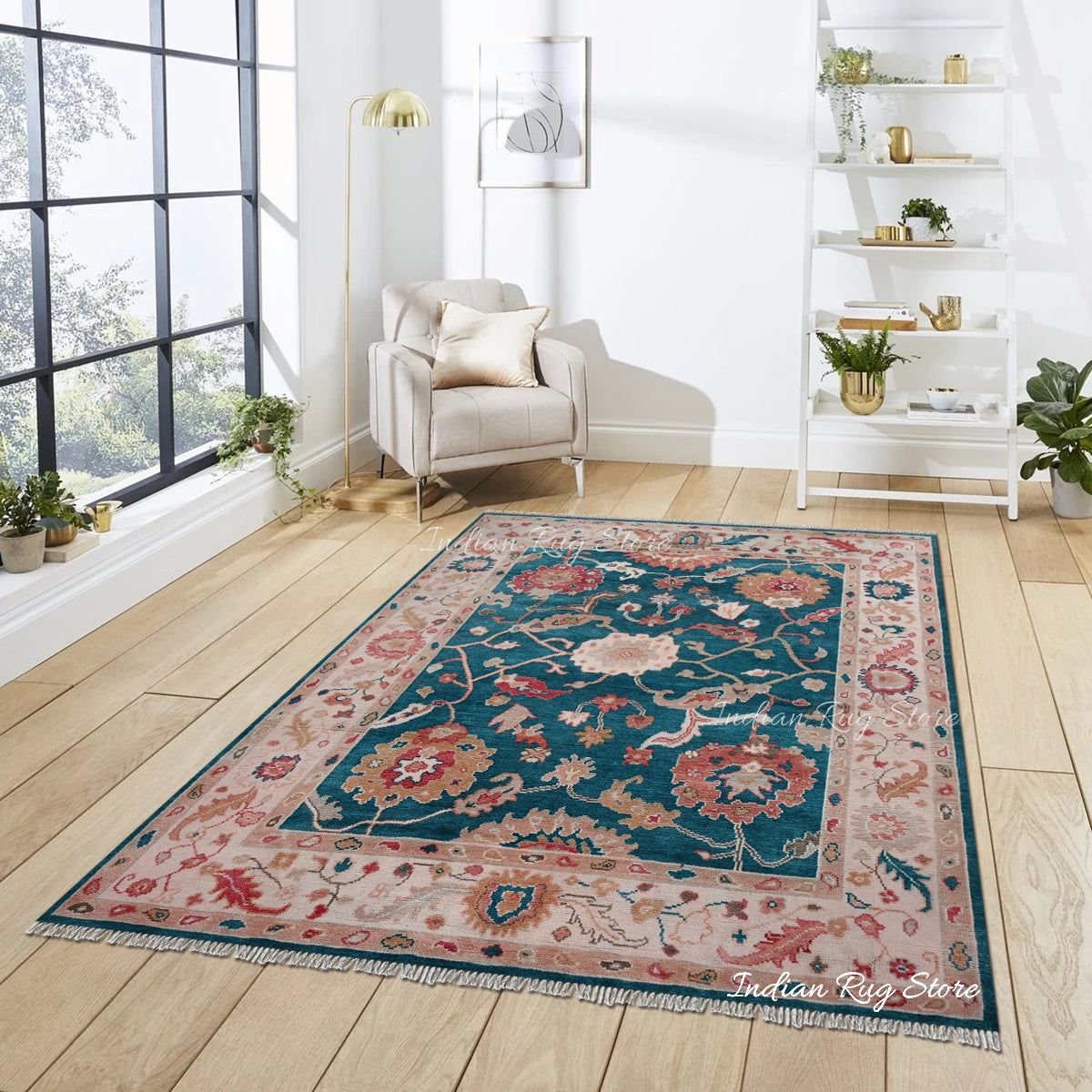 Hand Knotted Blue Oushak Bedroom Wool Area Rug