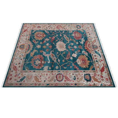 Hand Knotted Blue Oushak Bedroom Wool Area Rug