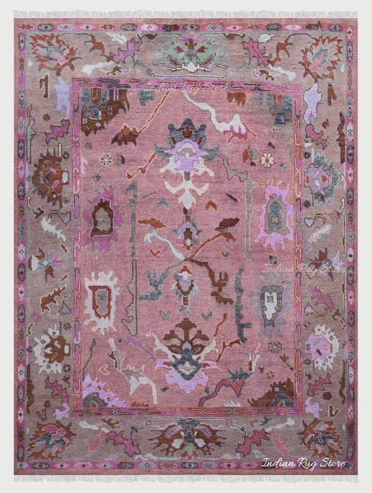 Oushak for Living Room Pink Hand Knotted Wool Rug