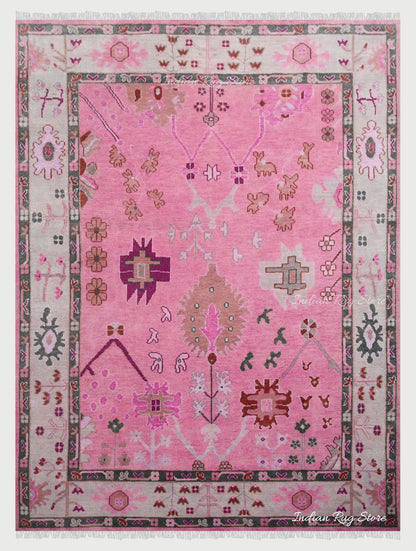 Oushak for Living Room Pink Hand Knotted Wool Rug