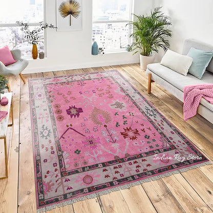 Oushak for Living Room Pink Hand Knotted Wool Rug