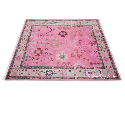 Oushak for Living Room Pink Hand Knotted Wool Rug