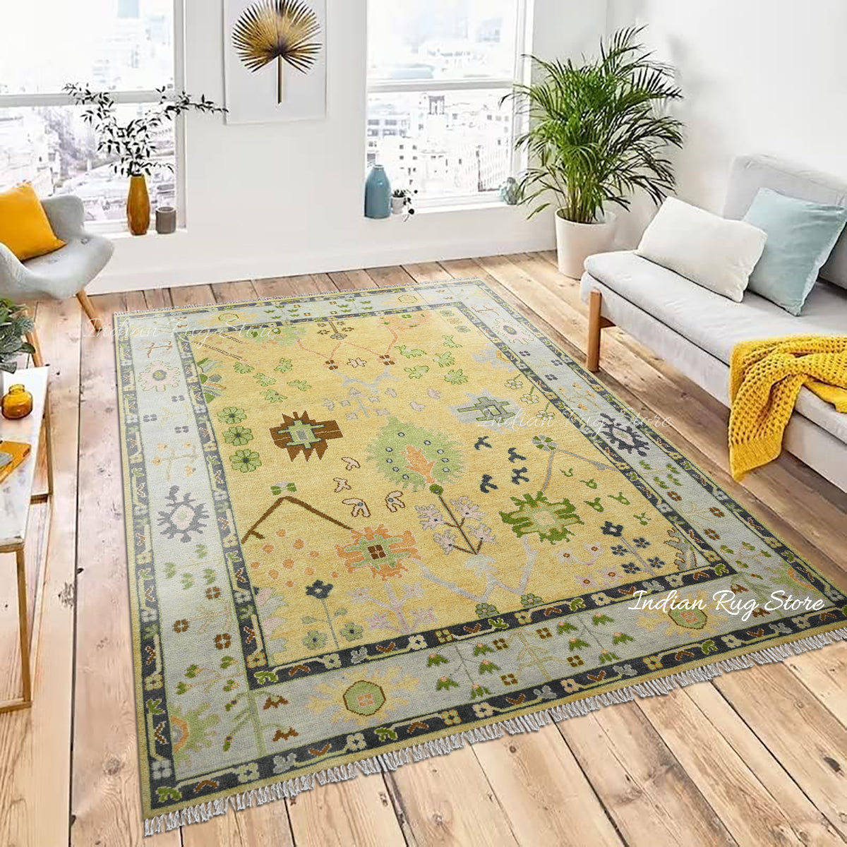 Oushak for Living Room Hand Knotted Yellow Wool Rug