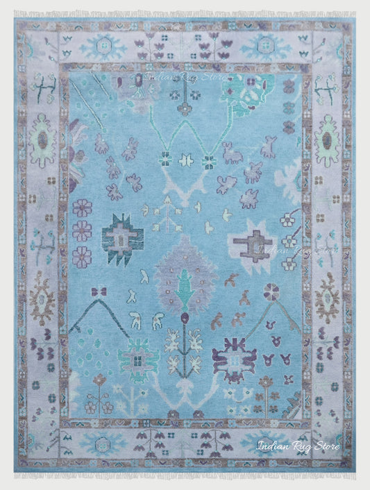 Blue Living Room Hand Knotted Wool Area Rug