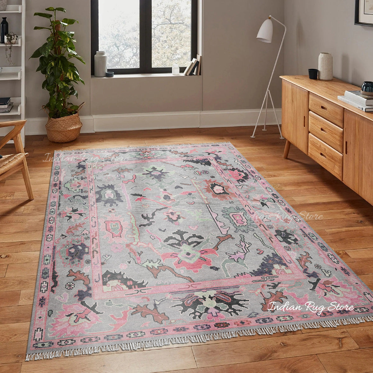 Living Room Hand Knotted wool Pink Multicolor Area Rug