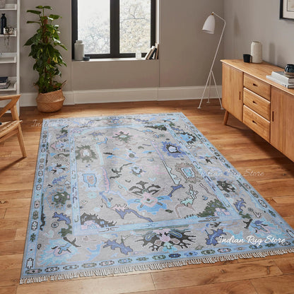 Living Room Hand Knotted wool Blue Multicolor Area Rug