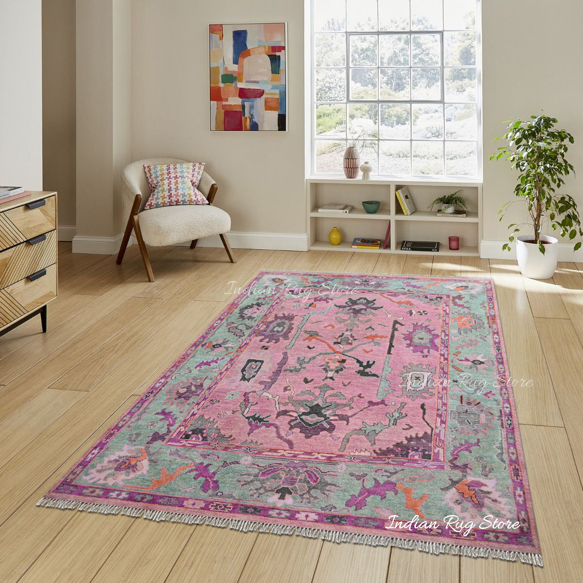 Handmade Pink Natural Wool Living Room Area Rug