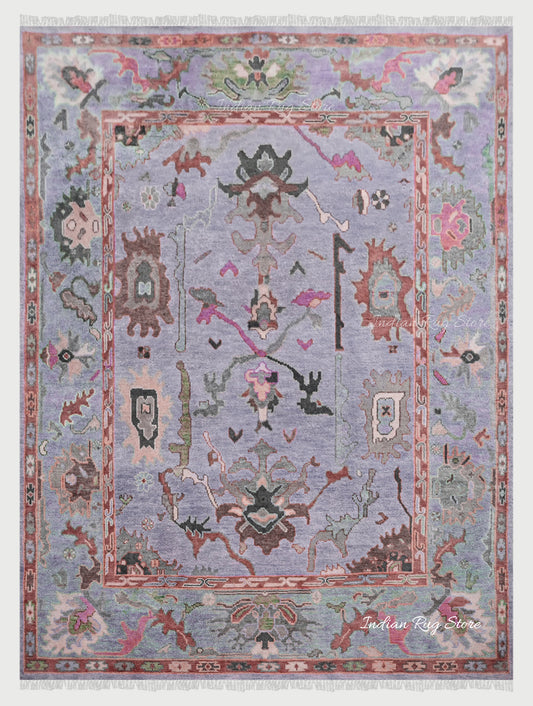 Hand Knotted Light Purple Multicolor Wool Living Room Area Rug