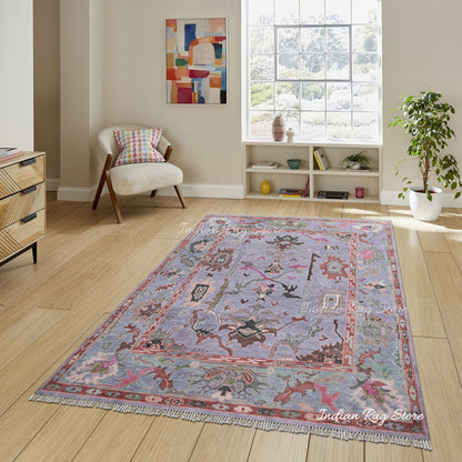 Hand Knotted Light Purple Multicolor Wool Living Room Area Rug