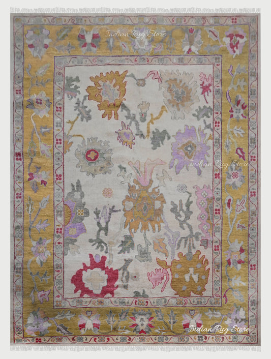 Oushak for Living Room Hand Knotted Yellow and White Wool Rug