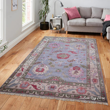 Multicolor Indian Hand Knotted Wool Oushak Bedroom Rug