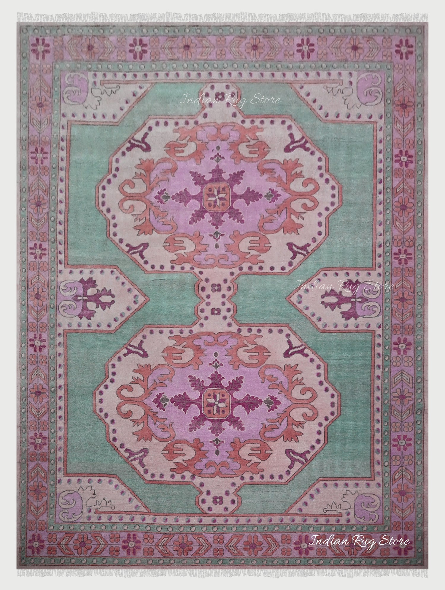 Green and Pink Hand Knotted Wool Living Room Area Rug - Indian Rug Store