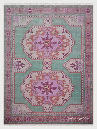 Green and Pink Hand Knotted Wool Living Room Area Rug